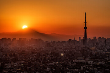 Tokyo Sky Tree and Phenomenon of Sun set on top of Fuji Mountain at Sunset, I-linked Ichikawa Tower, Chiba, Japan	