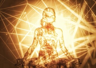 光の空間で瞑想する女性のイラスト