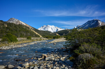 view of Mt. Cerro Hermoso and a river in Patagonia, Argentina