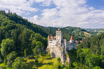 Attractive antique location with majestic Dracula castle on the high cliffs, Bran, Transylvania,...