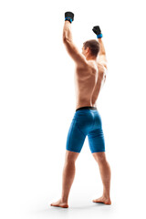 MMA. Sport concept. View from behind. MMA fighter isolated on white background. Athlete. Emotions...