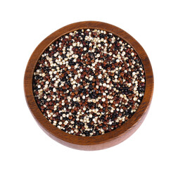raw mix quinoa (white quinoa,black quinoa,red quinoa) on wooden bowl isolated over white background