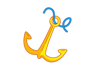 Anchor with rope, golden metal. Vector illustration in cartoon childish style. Isolated funny clipart on white background. cute print.