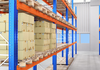 Warehouse logistics center. Parcels on warehouse shelves. Metal racks with courier boxes. Premises of logistics center. Wooden pallets with parcels on racks. Warehouse courier service. 3d image