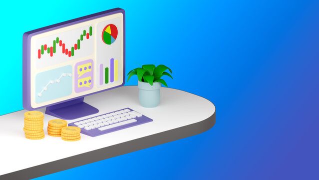 Personal finance management system at end. Home bookkeeping. Computer with finance charts. Monitor with business indicators on blue background. Personal money management. Financial wealth. 3d image.