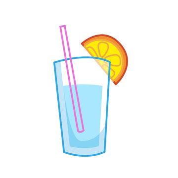 Water with lemon in a glass with a straw. Vector illustration in cartoon childish style. Isolated funny clipart on white background. cute print.
