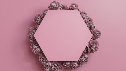 Hexagon Floral Frame with Peony Border. Pink, Mother's Day or Valentine concept with copy space.