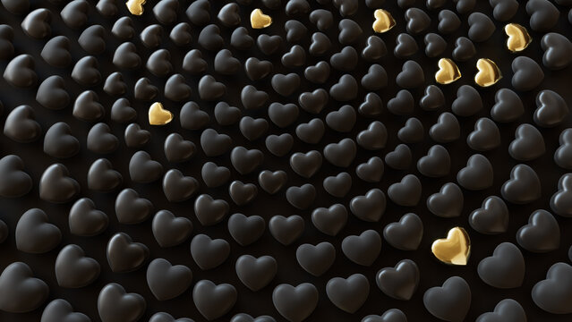Black and Gold 3D Hearts arranged in the Shape of a Spiral. Modern Valentine's Day Background. 3D Render.