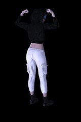 gorgeous young woman in sweatshirt and hoodie poses on white background 3D illustration