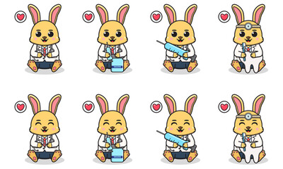 Vector Illustration of Cute sitting Rabbit with Doctor costume. Set of cute smile Bunny characters. Flat icons in cartoon style.