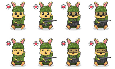 Vector Illustration of Cute Rabbit with Soldier costume siting and hand up pose. Set of cute smile Bunny characters. Flat icons in cartoon style.