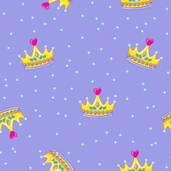 Fototapeta na wymiar Seamless pattern with cute golden king or princess crowns on purple background. Tiara and pearls in a funny children's style. Vector illustration for print clothes, postcards, textiles.