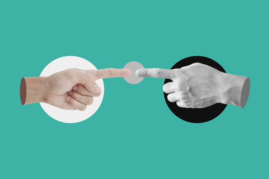 Fototapeta Digital collage modern art. Hands pointing finger