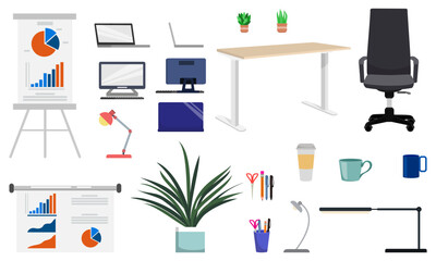 Home office elements and equipment's with chair table pc computer laptop and with some paper pile file folders presentation board pencil pen