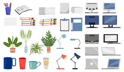 Home office elements and equipment's with pc computer laptop with some paper pile file and folders and coffee mug and plants