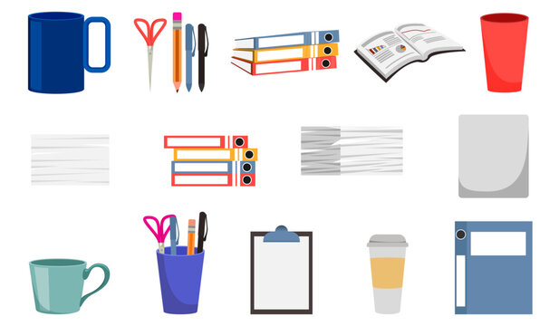 Office elements and equipment's with some paper pile coffee mugs pen and pencil file and folders clipboard