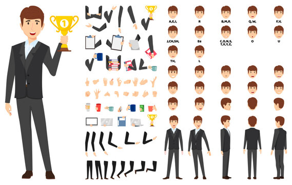 Business character set front, side, back view animated character creation set with various views, face emotions, poses and gestures lip sync for mouth animation