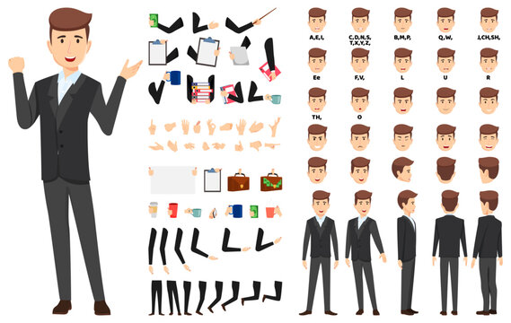 Business character set front, side, back view animated character creation set with various views, face emotions, poses and gestures lip sync for mouth animation with elements