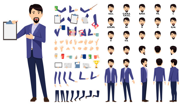Cute business character set front, side, back view animated character creation set with various views, face emotions, poses and gestures lip sync for mouth animation with elements