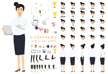 Cute businesswoman character set front, side, back view animated character creation set with various views, face emotions, poses and gestures lip sync for mouth animation posing