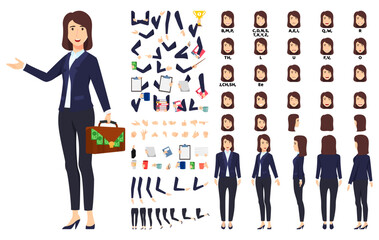 Businesswoman character set front, side, back view animated character creation set with various views, face emotions, poses and gestures lip sync for mouth animation posing