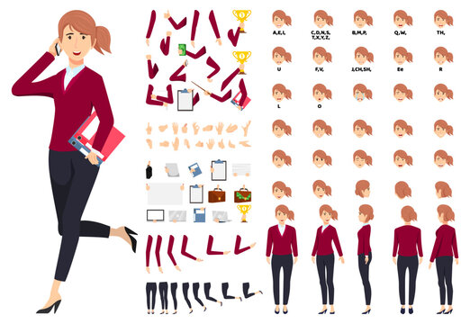 Businesswoman character set front, side, back view animated character creation set with various views, face emotions, poses and gestures lip sync for mouth animation posing walking