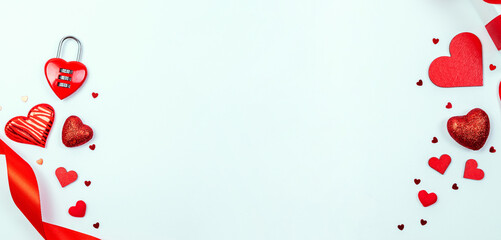 Valentine heart background. Red heart, romantic gift on love white background with copy space. Valentines day decoration for flatlay background.