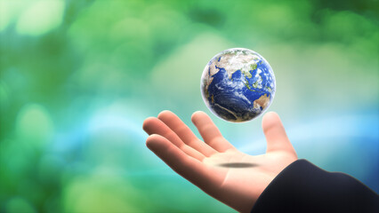 Hands holding earth on green nature blurred background. Globe  in the human hand. Save, protect, sustainable environment. Ecosystem green nature concept. 3d render.