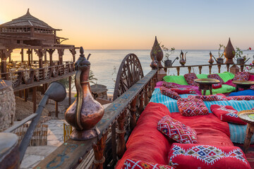 Vintage Arabic oriental cafe. Place to relax on beach Ras Umm El Sid of Red Sea. Sharm El Sheikh,...