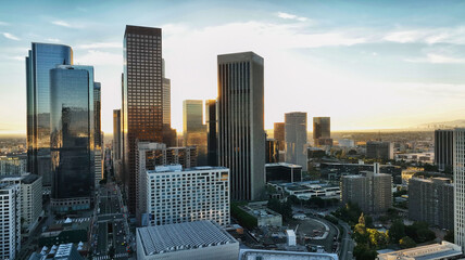 Obraz premium Los Angels city center. Los angeles aerial view, with drone. Los Angeles downtown skyline. LA background. Los Angels city center.