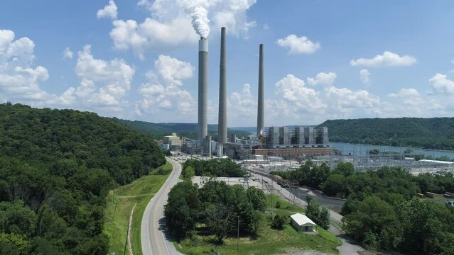 Aerial 4K Footage of Coal Fired Power Plant on the Ohio River.