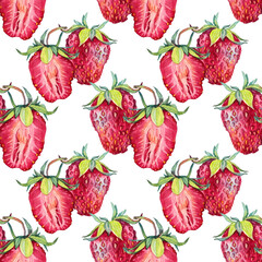 Seamless pattern watercolor slice strawberry with green leaves isolated on white background. Hand-drawn sweet summer berry food for kitchen. Cute red fruit dessert for menu cafe. Art for cookbook