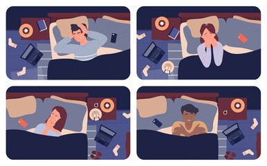 Tired persons with insomnia and depression at night vector illustration. Cartoon sleepless woman man characters lying on pillow under blanket, sad people crying from stress and problems background