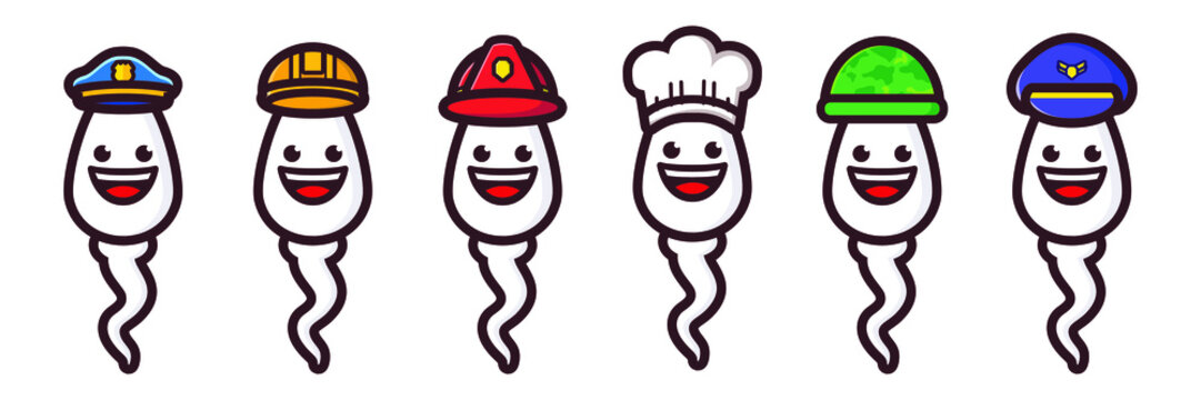 a collection of sperm characters wearing chef hats soldiers police pilots firefighters