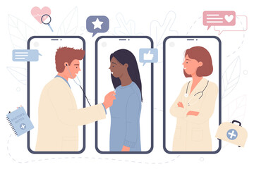 Online consultation of patient by doctor with stethoscope, people on screens of mobile phones vector illustration. Cartoon woman doing virtual video call to hospital, using smartphone for diagnosis