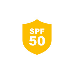 Sun protection SPF 50 simple flat icon vector. SPF 50 icon. Shield icon