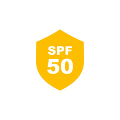 Sun protection SPF 50 simple flat icon vector. SPF 50 icon. Shield icon