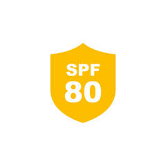 Sun protection SPF 80 simple flat icon vector. SPF 80 icon. Shield icon