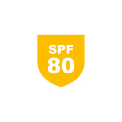 Sun protection SPF 80 simple flat icon vector. SPF 80 icon. Shield icon