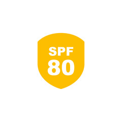 Sun protection SPF 80 simple flat icon vector. SPF 80 icon. Shield icon