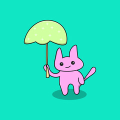 character illustration of pink cat is bringing an umbrella