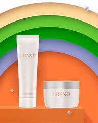 Jar and tube of cosmetic cream ads banner. Multi color layered paper background.