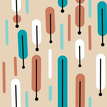 Seamless hand drawn mid century modern pattern in beige blue turquoise black white colors. Retro vintage 50s 60 atomic age mcm pattern with abstract geometric shapes for textile wallpaper.