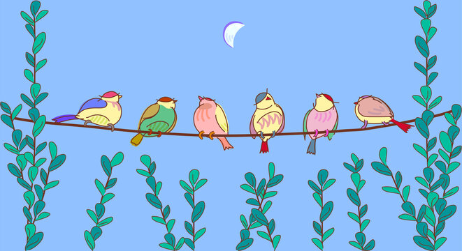 [Vector] Colorful sparrows perching on the electric wire during the day when the moon is up