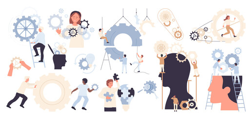 Project development process and success business strategy. Team of tiny people work with gears in human brain, training memory and skills, intelligence growth, self control flat vector illustration - obrazy, fototapety, plakaty