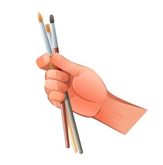 Right hand with with few artistic brushes. Object isolated on white background. Funny cartoon style. Vector