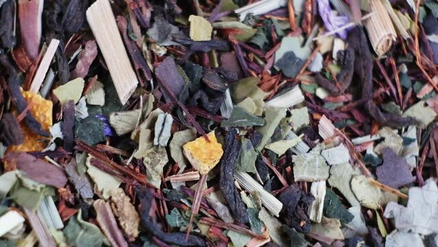 HD Mixture of healthy herbal Organic Dry Chai Tea full frame as background. Macro. Rotation.