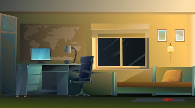 Bedroom interior with bed and computer table. Cozy room with furniture, windows and world map on wall. Evening time and soft light of the lamp. Nice cartoon style design. Vector