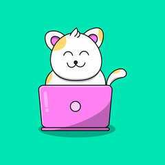 Cute yellow-white cat in front of computer laptop vector illustration