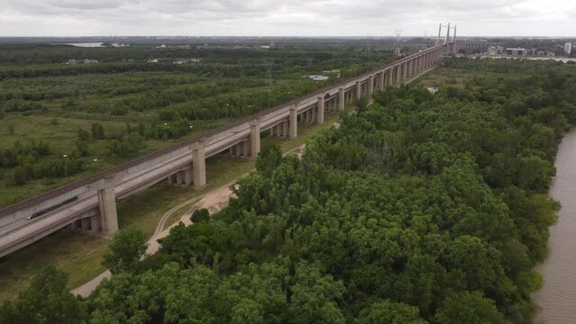 Majestic and long Zarate Brazo Largo Bridge in Argentina. Aerial drone view